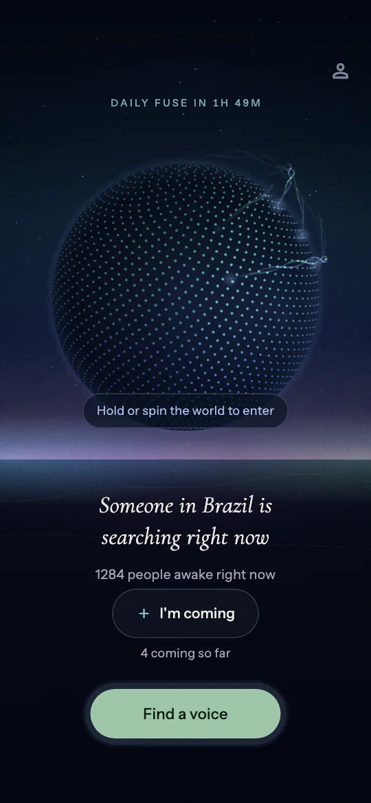 Mindfuse home screen: a globe of soft blue and green light turns in a calm night sky above a violet horizon. The line reads: Someone in Brazil is searching right now. Below it, the button Find a voice.