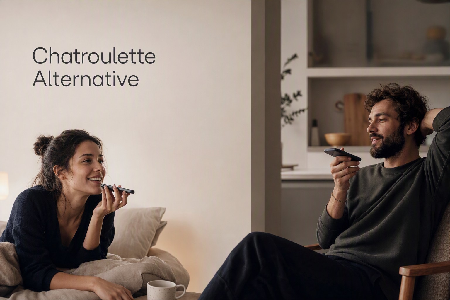Two people relaxing at home, each holding a phone to speak on an anonymous voice call instead of a webcam.