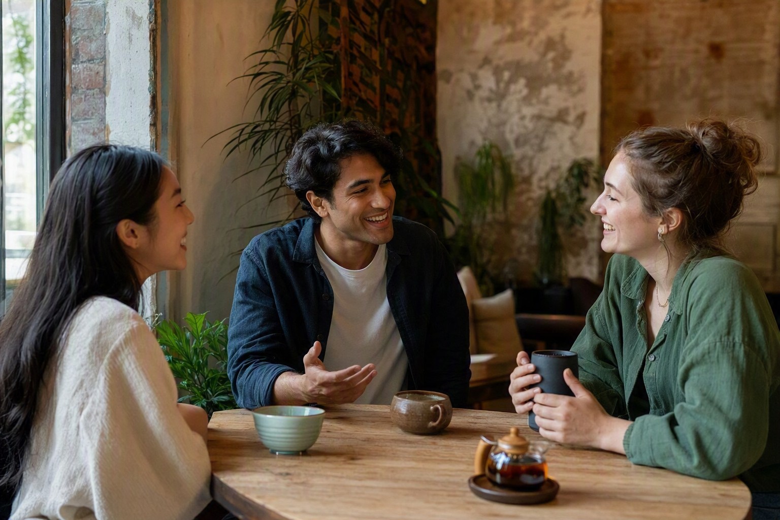Two people practicing a language together over a voice call, notebooks and phones on the table.