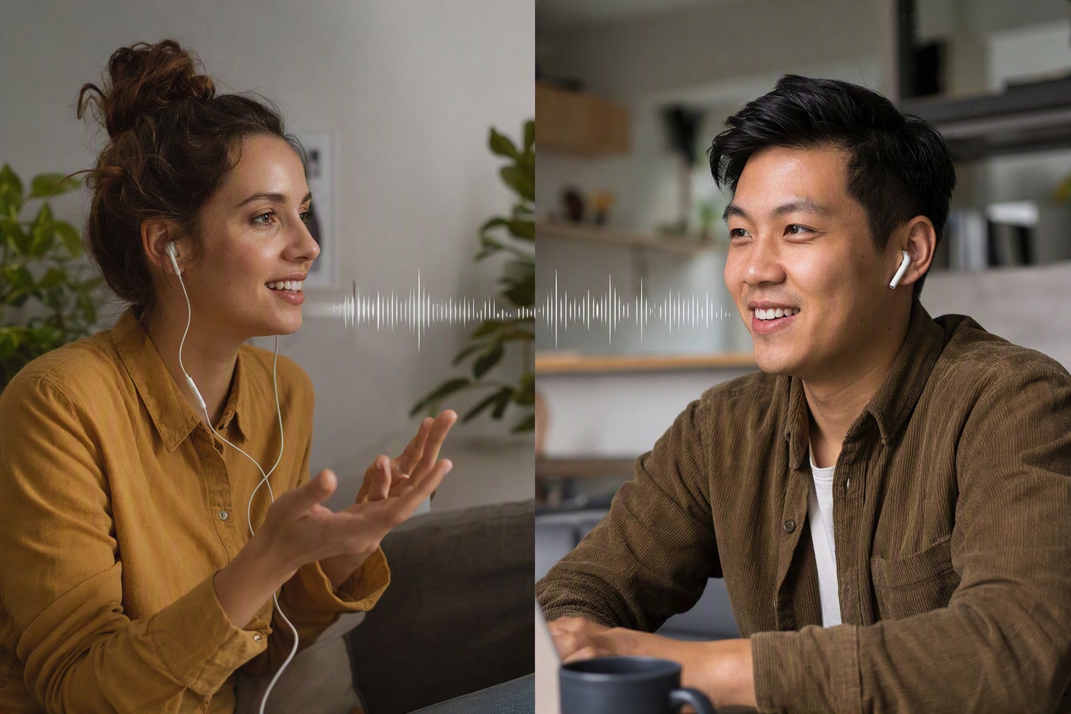 A woman and a man in their own homes talking to each other through earphones, connected by a voice waveform between them