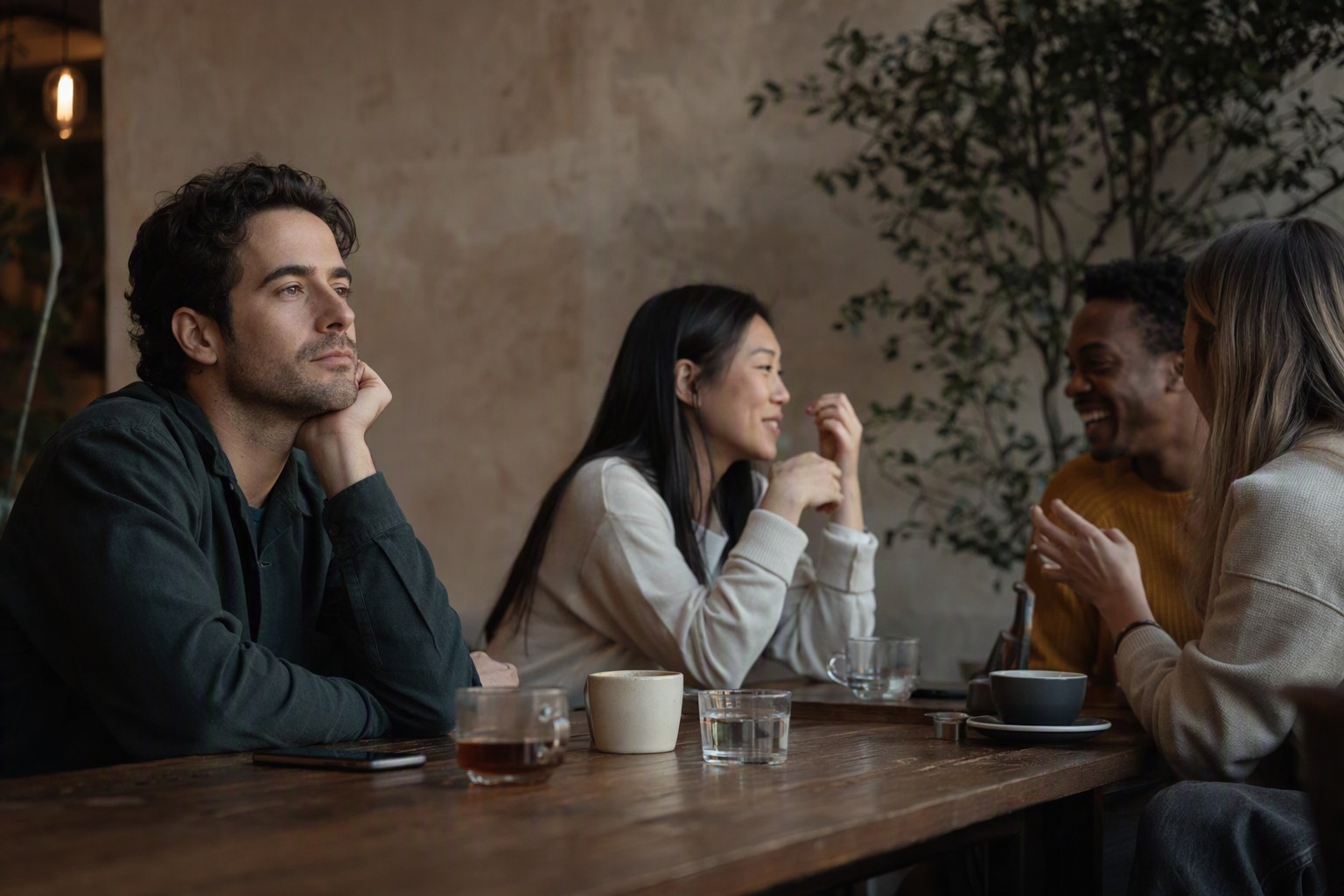 A man at a cafe table with friends, present in the conversation but quietly distant from it